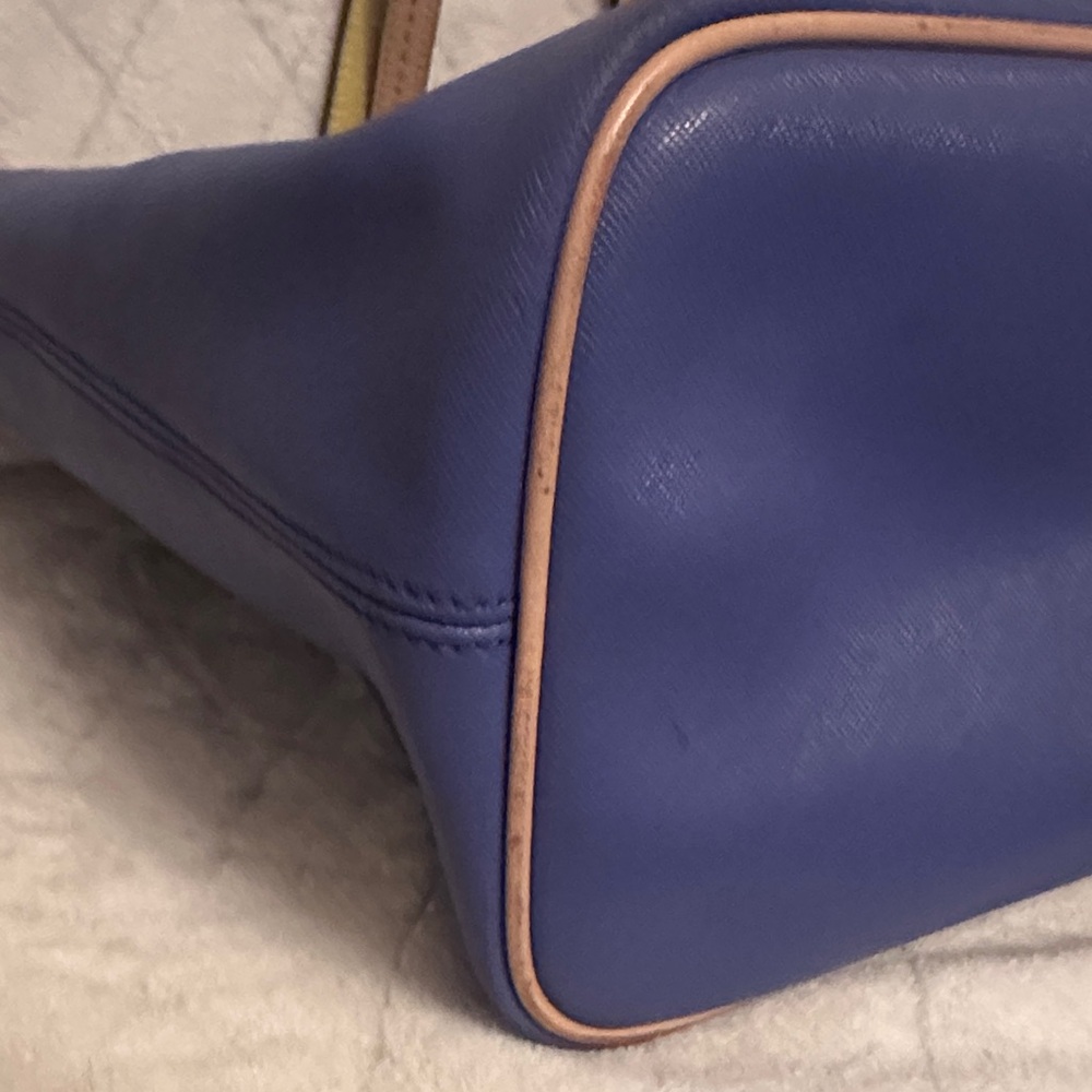 Project Coach Blue Leather Tote with Tan Accents/ handles are tan and yellow - Picture 3 of 16